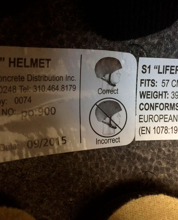 Helmet safety sticker with confusing labels and instructions showing identical pictures for correct and incorrect.