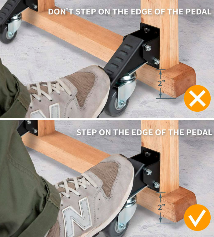 Confusing instructions for a caster wheel pedal showing contradictory stepping advice.