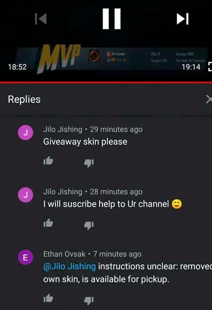 A funny online reply showcasing confusing instructions on a video comment section.
