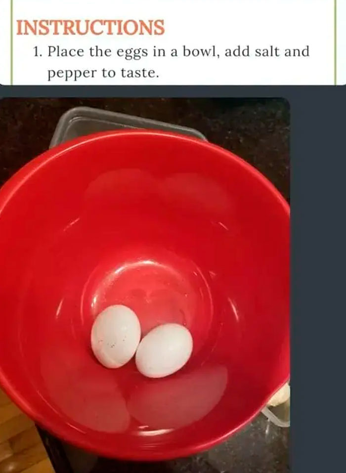 Recipe instructions telling to season eggs before breaking them in a bowl.