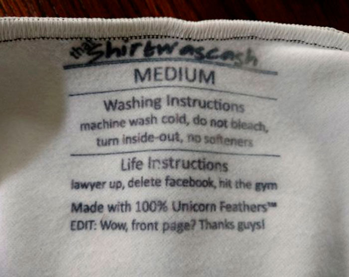 Clothing tag with funny and confusing instructions for washing and life advice.