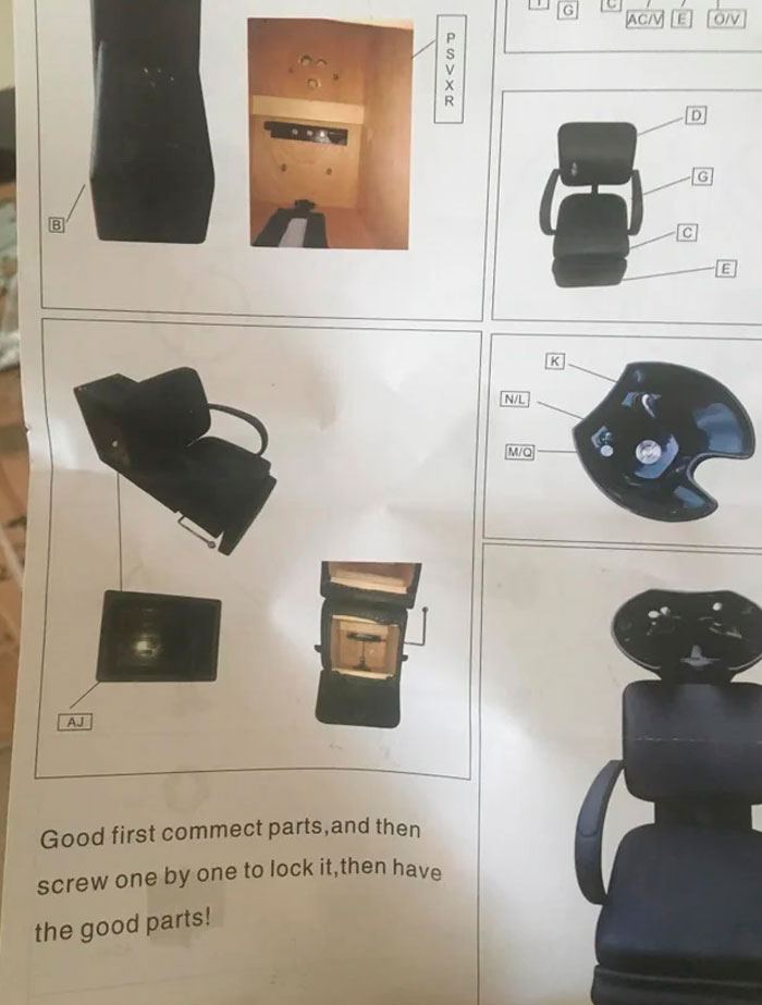 Confusing instructions manual for an salon chair with poorly translated text at the bottom
