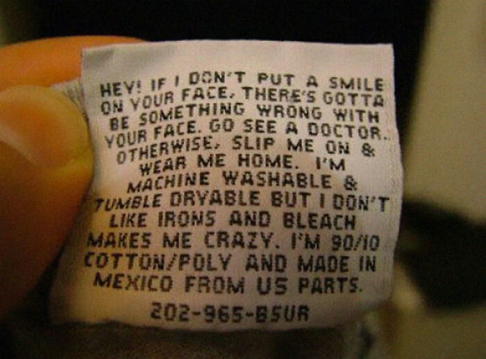 Confusing labels on a clothing tag featuring funny humor and care instructions.