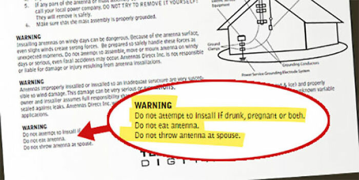 Hilariously confusing instructions on a document warning not to eat antenna or throw it at spouse.