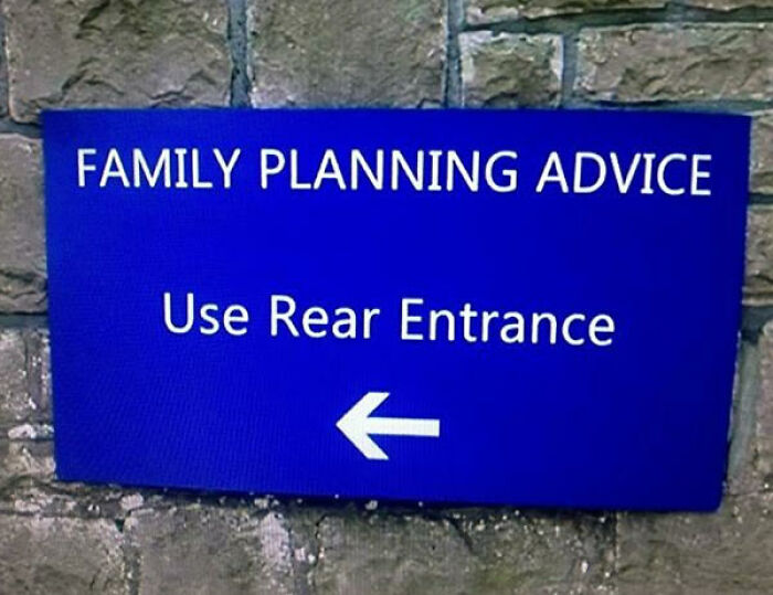 A blue directional sign for family planning advice that is an example of hilarious translation fails.