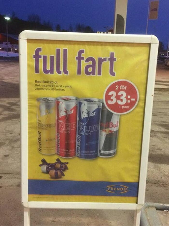 An advertisement sign displaying full fart beside energy drinks, showing funny translation fails.