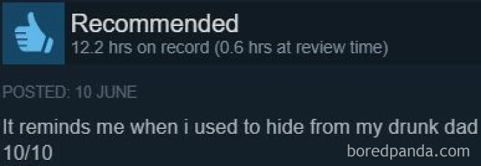 Entertaining Steam reviews showing a 10 out of 10 recommendation comparing gameplay to hiding from a drunk dad