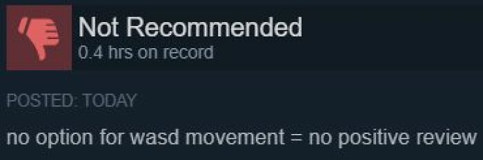 Funny Steam reviews with a negative rating complaining about the lack of WASD movement controls
