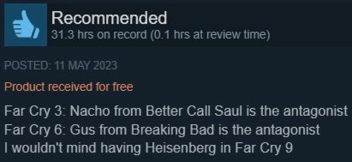 Hilarious Steam reviews comparing Far Cry video game villains to Breaking Bad characters.