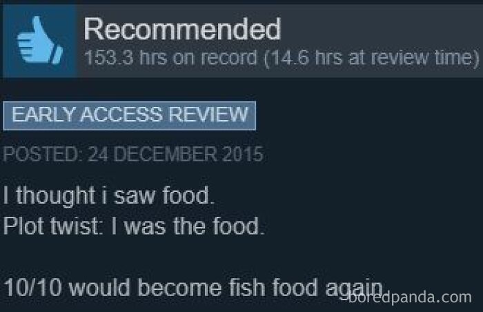 Funny early access Steam review about becoming fish food and giving the game a 10/10 rating.