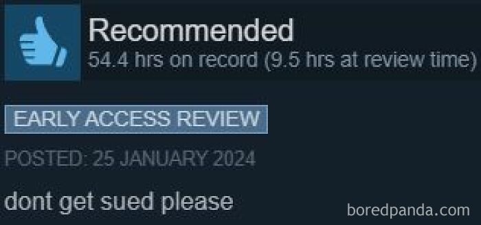 Entertaining Steam reviews featuring an Early Access recommendation that humorous asks the developer not to get sued