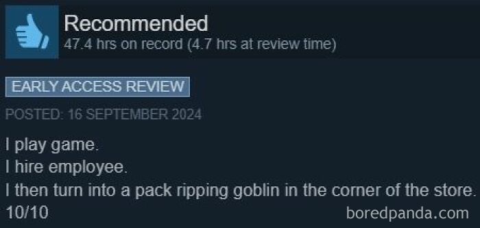 Humorous early access Steam review about hiring an employee and opening card packs.