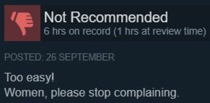 Negative Steam review with a thumbs down stating the game is too easy.