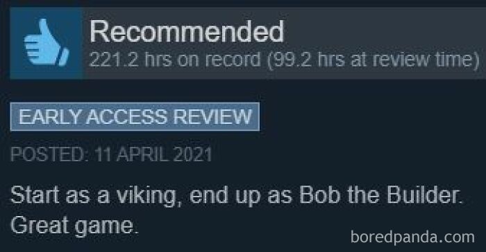 Amusing Steam review describing gameplay as starting as a viking and ending as Bob the Builder.