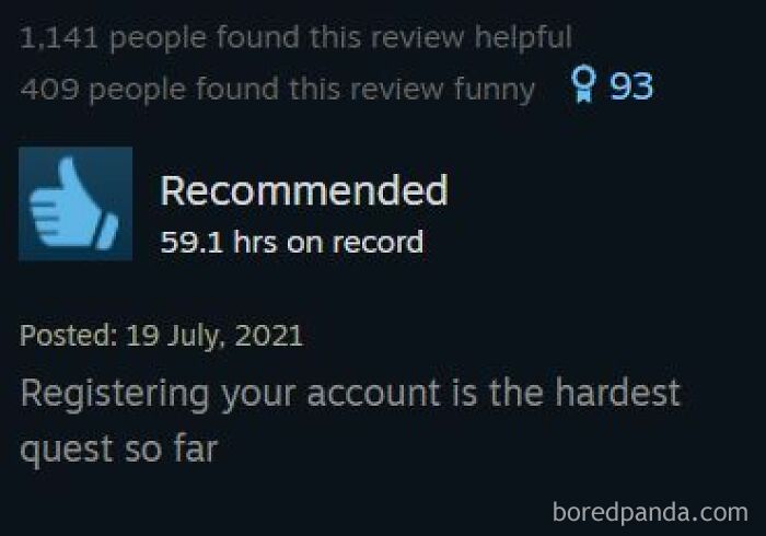 Funny Steam review describing account registration as the hardest quest
