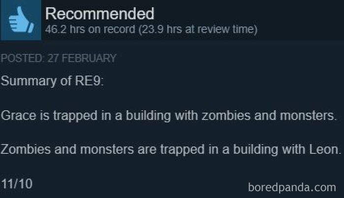 Funny Steam review summarizing RE9 plot in a witty text post