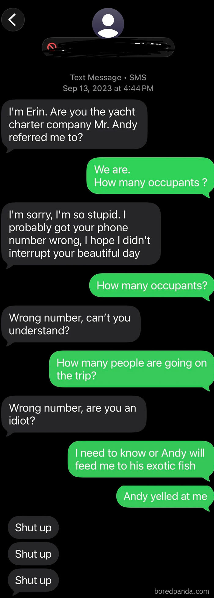 Hilarious wrong number texts exchange about a fictional yacht charter company