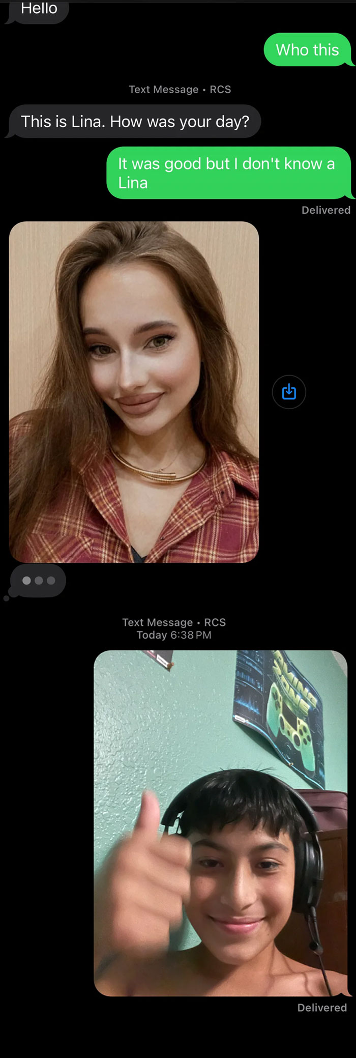 Text conversation showing wrong number texts with photos exchanged between a girl and a gaming teen.
