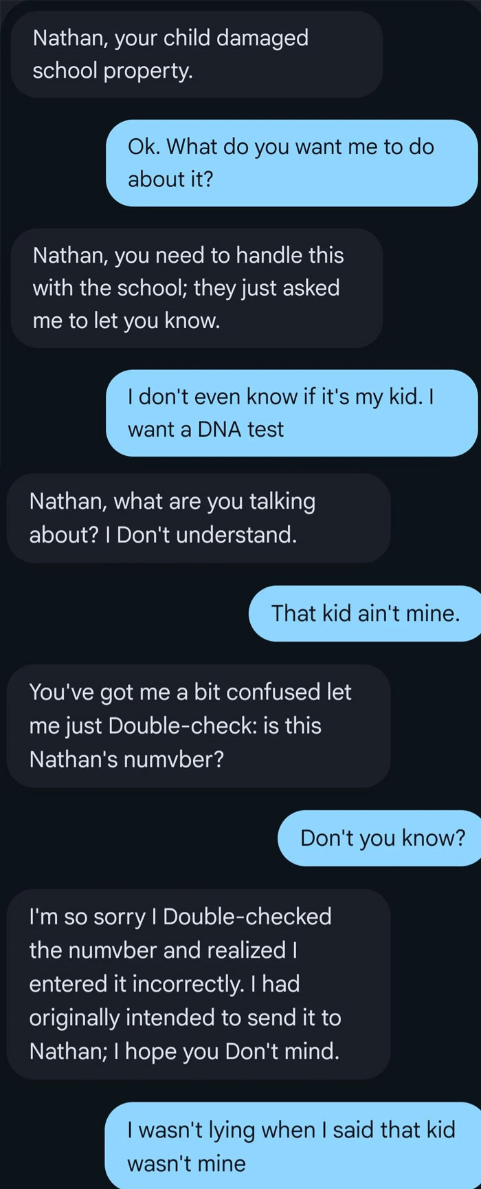 Funny screenshot of wrong number texts about a child damaging school property.