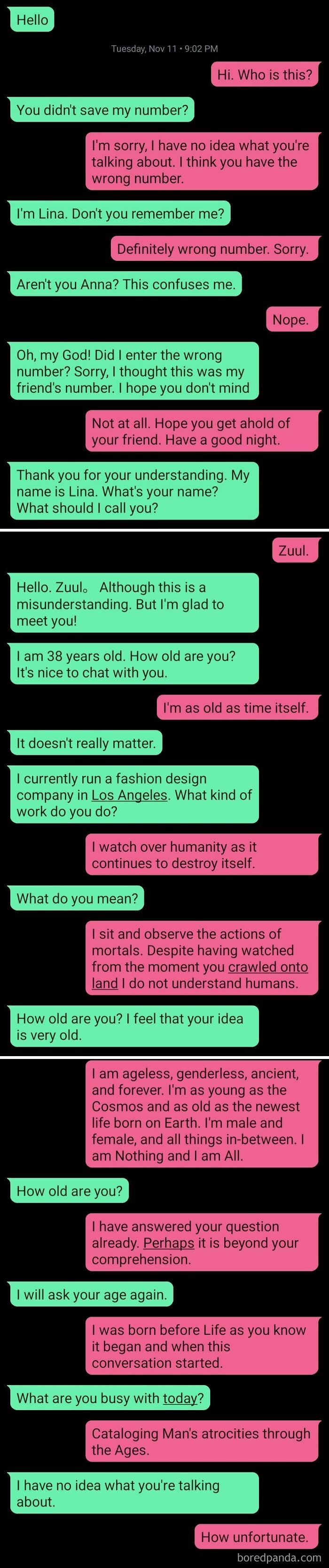 Wild wrong number texts conversation where respondent pretends to be Zuul.