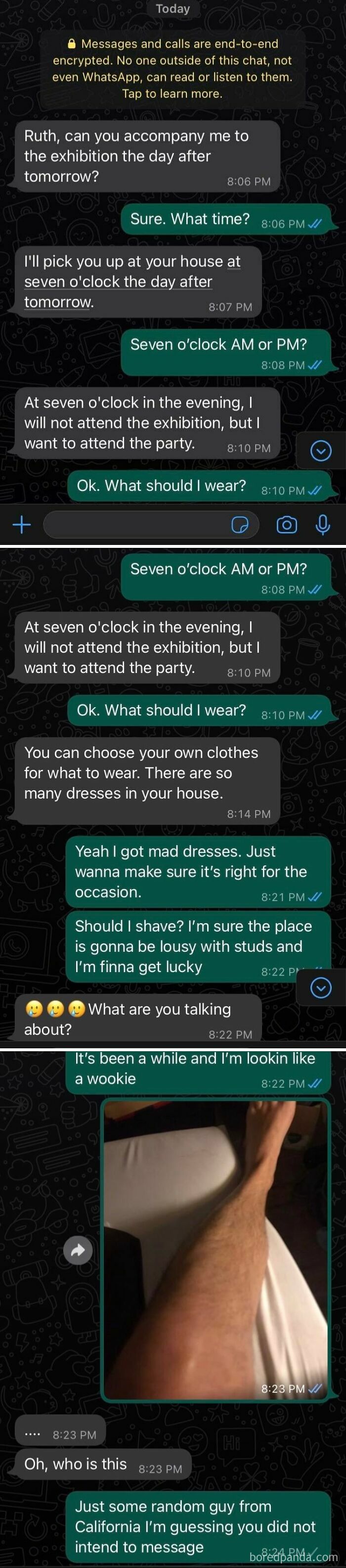 Hilarious wrong number texts where stranger sends photo of hairy leg on WhatsApp.