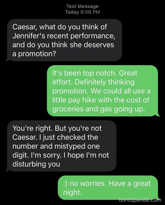 Amusing wrong number texts about a workplace promotion recommendation meant for Caesar