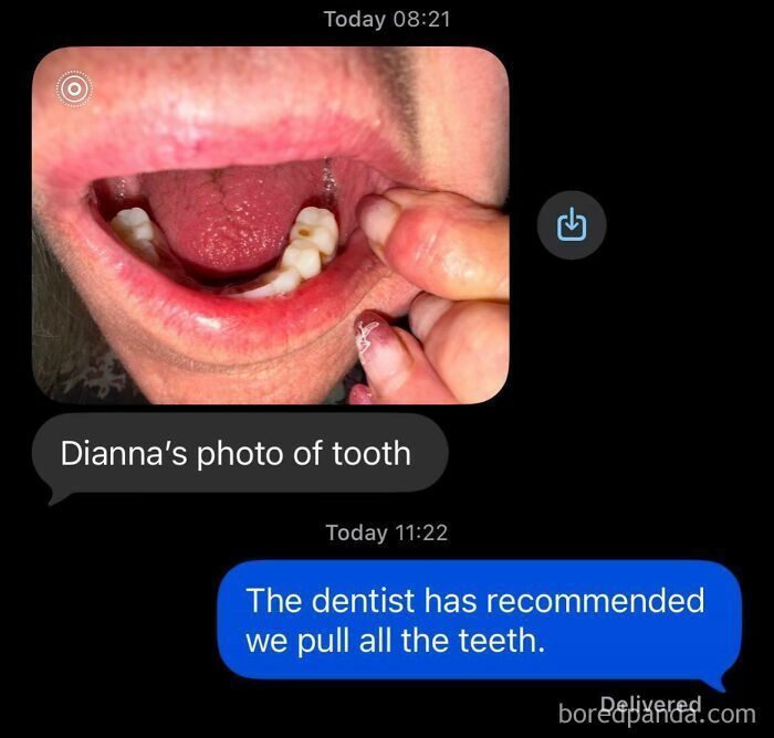 Funny wrong number texts involving a photo of a open mouth and a dental recommendation joke