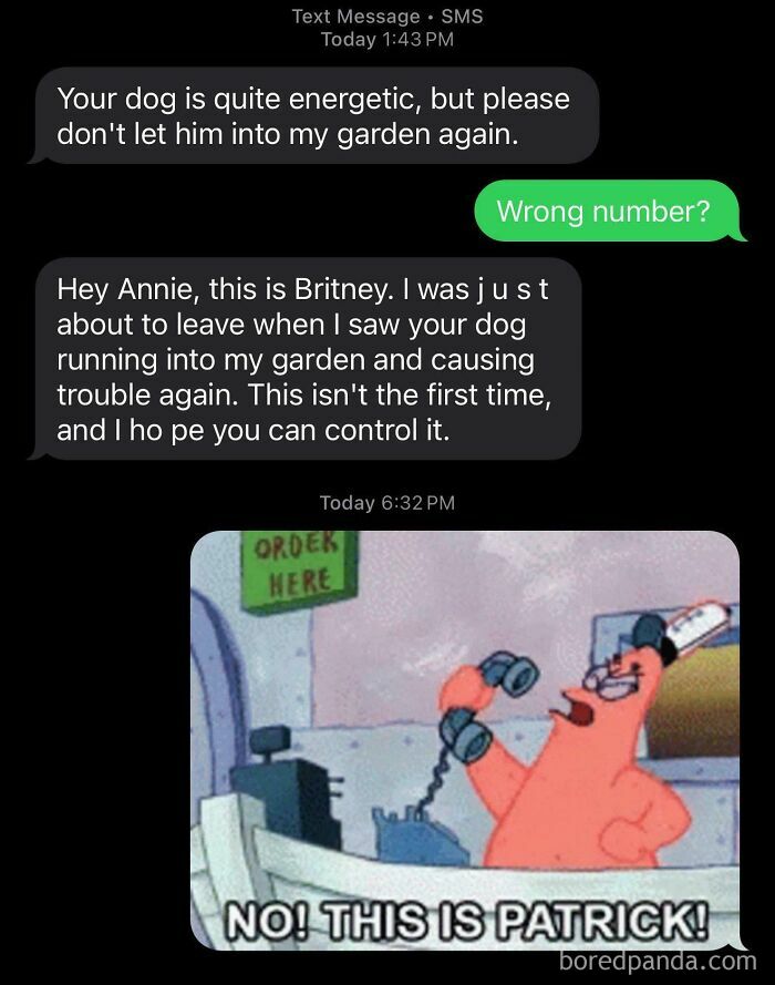 Funny wrong number text exchange with a neighbor using a Spongebob Patrick meme