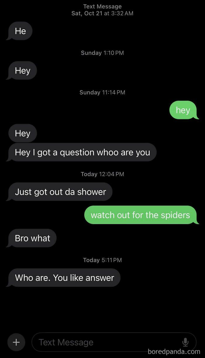 A messaging screenshot featuring wrong number texts where a stranger is told to watch out for spiders after a shower.
