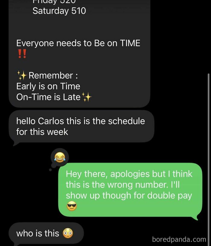 A text thread showing wrong number texts sent to a stranger about a work schedule and offering to show up for double pay.