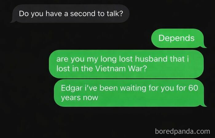 Funny text conversation featuring wrong number texts jokes about waiting 60 years for a lost husband.