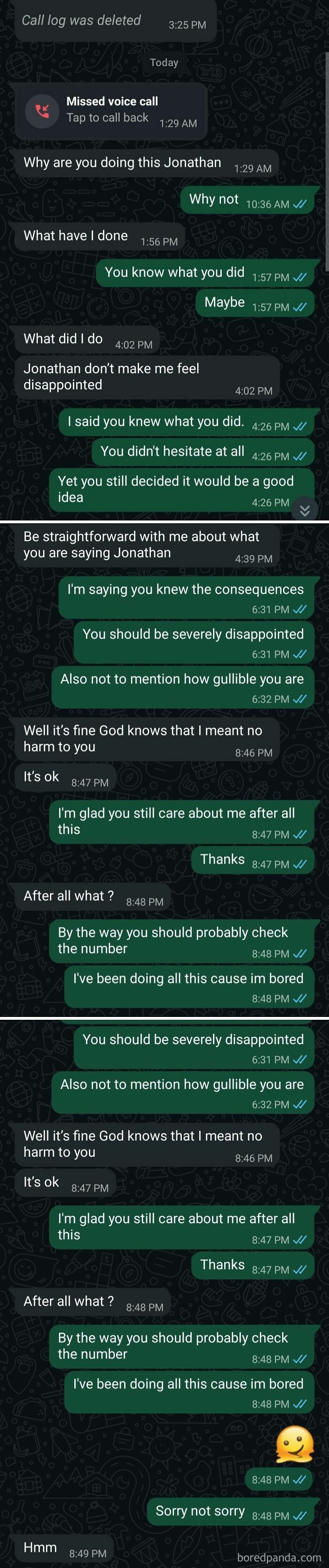 A chat screenshot showing wrong number texts where someone tricks a stranger named Jonathan into feeling guilty.