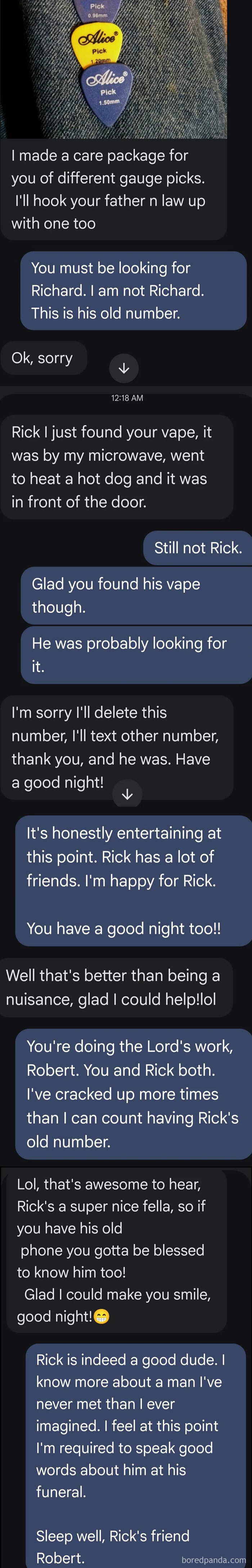 Wholesome wrong number texts conversation discussing a mutual acquaintance named Rick.