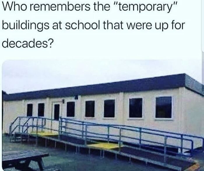 Nostalgic photo of a temporary school classroom building that brings back 80s kids childhood memories.