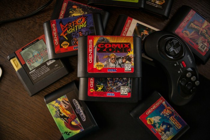 Collection of vintage Sega Genesis video game cartridges found as dumpster finds.