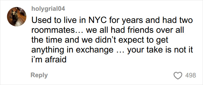 Social media comment criticizing a woman for not letting friends stay on her couch in NYC Social media comment criticizing a woman for not letting friends stay on her couch in NYC