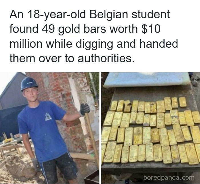 A Belgian student next to 49 gold bars, shown in a post about creepy facts and news stories.