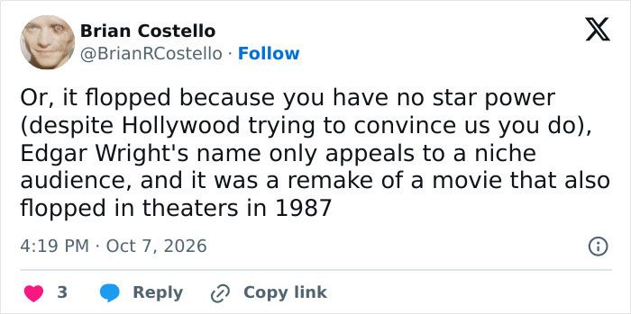 Social media post discussing the brutal reality check of a movie flop