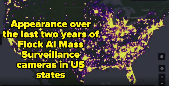 A US map showing widespread Flock AI surveillance, illustrating modern life in America
