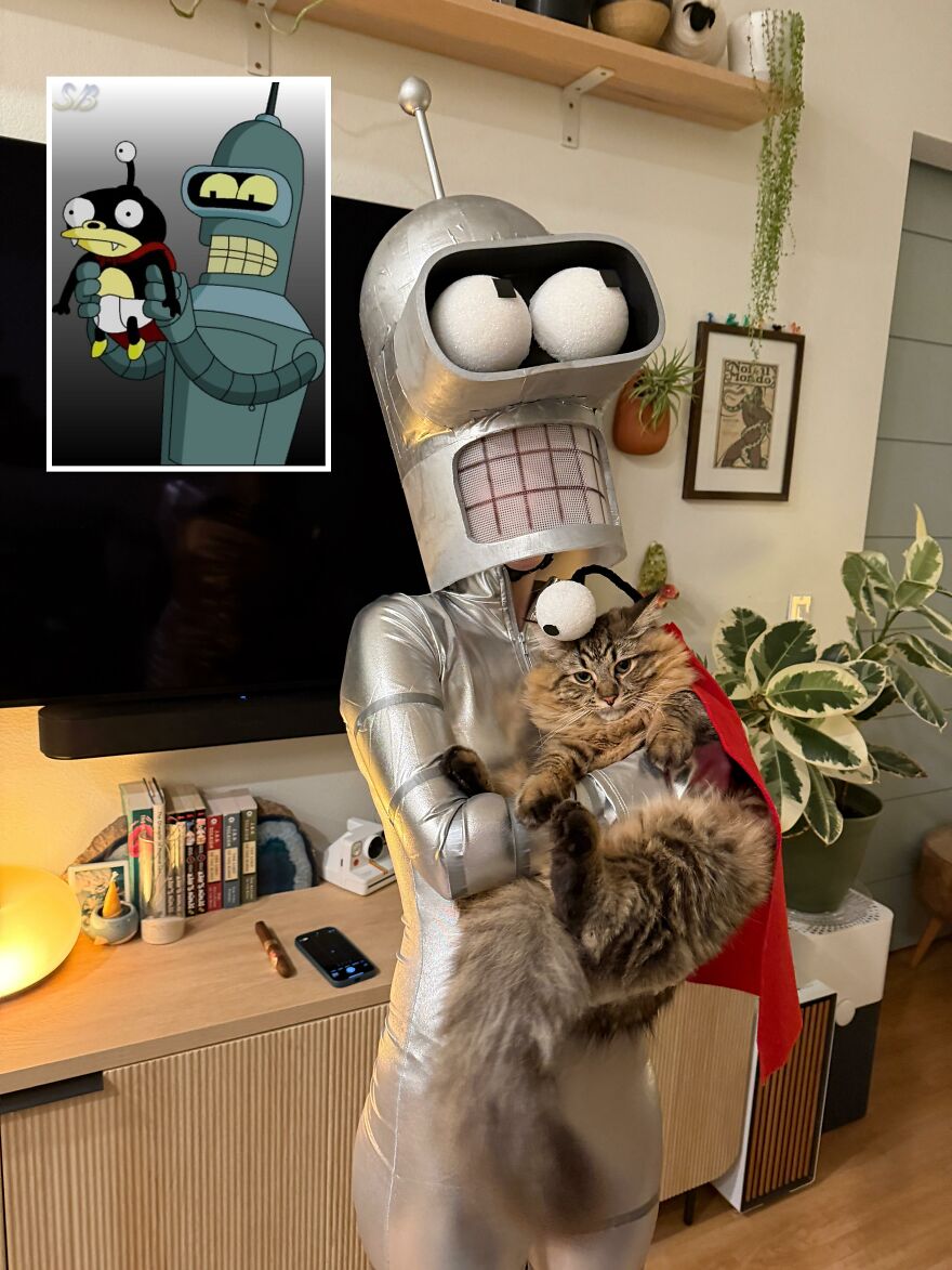 Person in Futurama Bender outfit holding a cat as Lord Nibbler, a creative Halloween costume idea