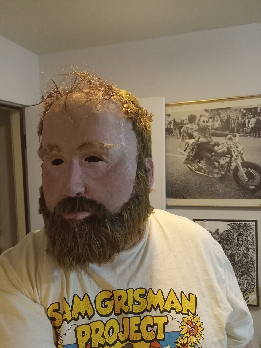 Man wearing realistic mask for unique creative Halloween costume ideas
