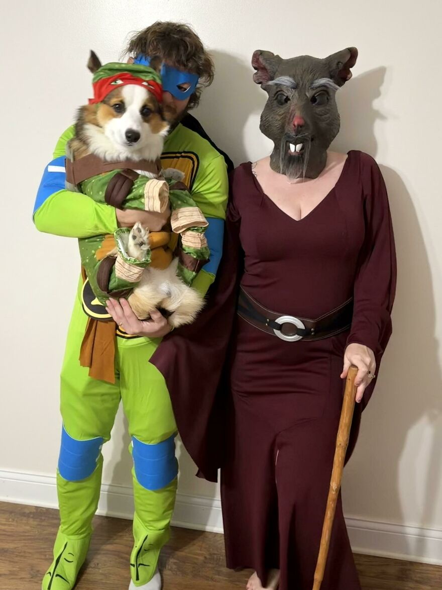 Couples and pet creative Halloween costume ideas featuring Ninja Turtles and Master Splinter