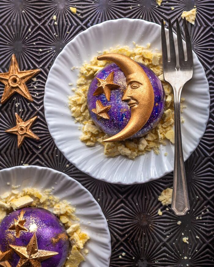 Celestial themed purple and gold dessert shaped like a crescent moon and stars served as Halloween foods.