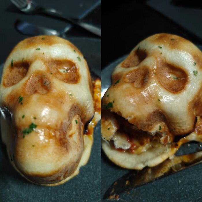 Skull-shaped baked bread snacks displayed as creepy Halloween foods.