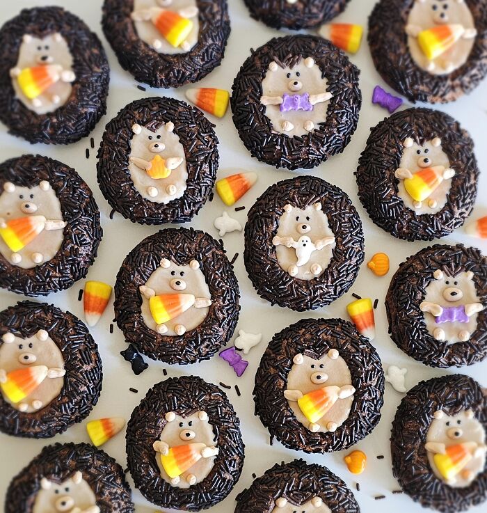 Cute hedgehog cookies decorated with candy corn sprinkles to serve as festive Halloween foods.