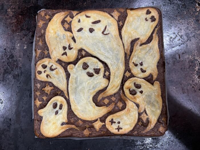 Ghost patterned chocolate brownies served as cute Halloween foods.