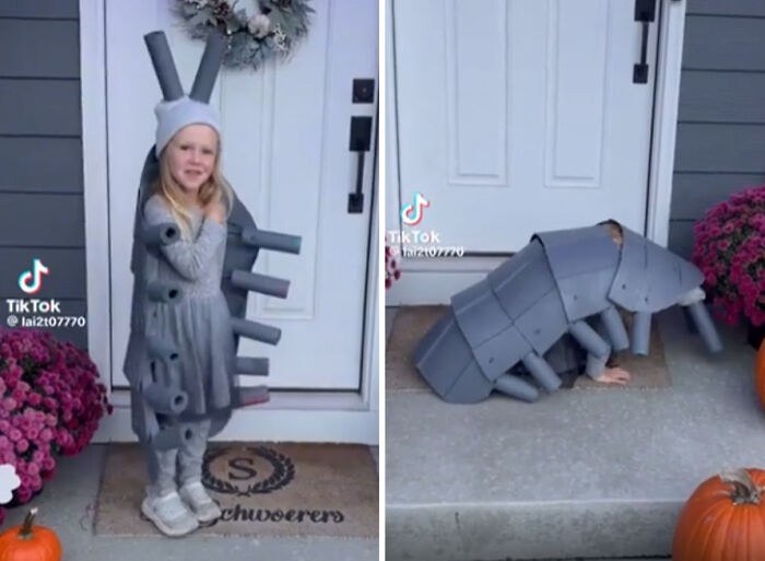A creative woodlouse Halloween costume worn by a young girl standing and crawling near a front door.