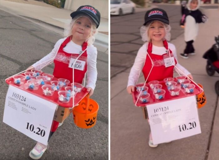 A young child wearing creative Halloween costumes styled as a Costco sample worker with a tray of snacks.