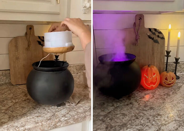 Before and after view of a black cauldron diffuser releasing purple mist as a Halloween decoration.