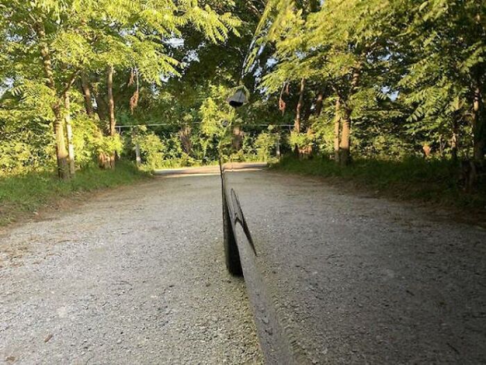 A highly reflective clean black car blending into a gravel path, showing accidental camouflage.